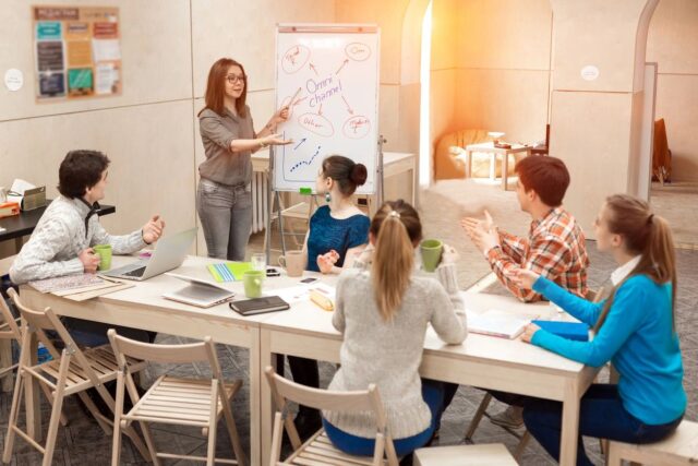 Meeting in modern workplace with white board