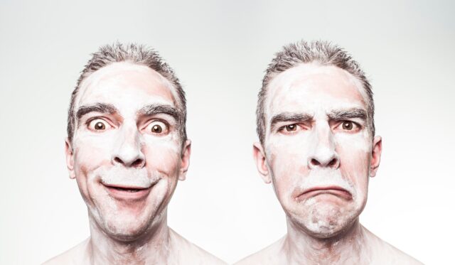 Two images of a man covered in flour with a happy and sad face representing emotions in social conflicts