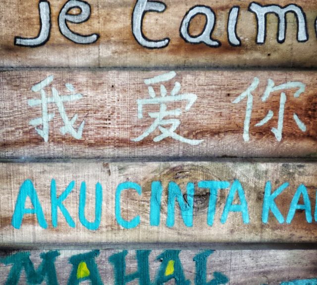 A wooden board with multiple languages on it