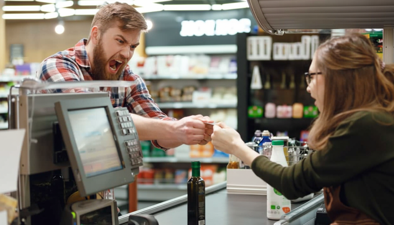 Tense Checkout Scene (Cleaned) A high-tension scene at a grocery checkout where an aggressive male customer in a plaid shirt is shouting at a startled female cashier. A bottle of olive oil and a computer monitor are on the counter.