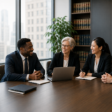 Diverse group of legal professionals meeting in a modern law firm conference room, collaborating in a supportive and professional workplace environment.