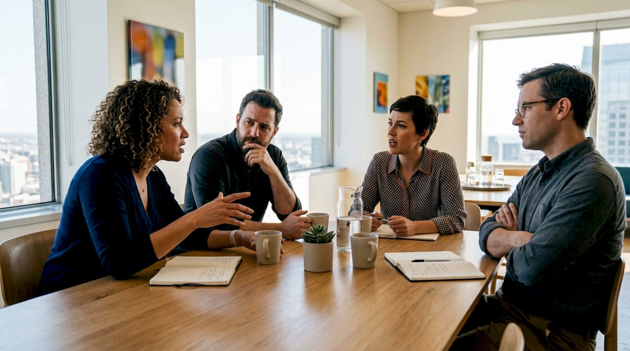 Office workers in a team conflict discussion