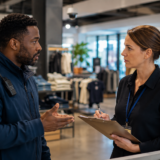 Retail manager speaking with a store employee about customer safety and incident response procedures.