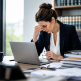 Attorney showing signs of burnout while working in a modern law office, illustrating workplace stress, leadership challenges, and burnout in law firms.
