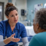 Nurse using calm communication and de-escalation techniques while caring for a distressed patient in a hospital setting.