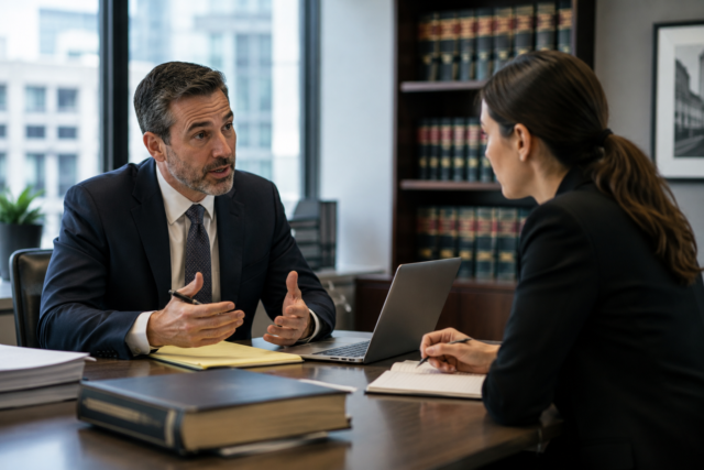 How To Address Bullying In Law Firms With Strong Power Dynamics Law firm leader coaching an attorney during a private conversation about communication and professional development.