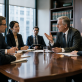 Senior law firm leaders meeting to discuss workplace communication, leadership accountability, and preventing bullying in the legal workplace.